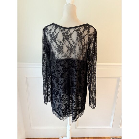 Black Lace Velvet Burnout Top Sheer Lace Yoke Long Sleeves Flowy Design Made In - Picture 3 of 4